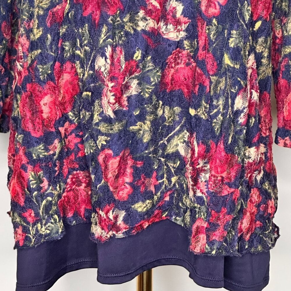 Lee  Floral Lace Tunic Top Womens XL Navy Hot Pink Flowy Cottage 90s Y2k Fairy - Picture 11 of 12